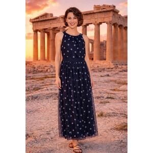 Candalite Sleeveless Maxi Dress XL Blue Polka Dot Zip Lined Mesh Fairy Romance